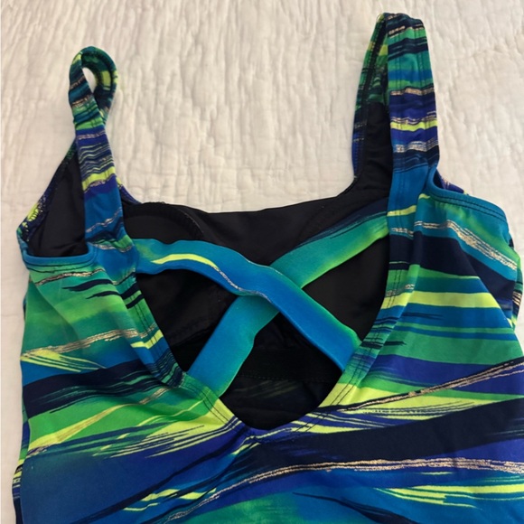 Vintage Longitude Swimsuit Blue/Green cross back. Size 10 - Picture 6 of 12